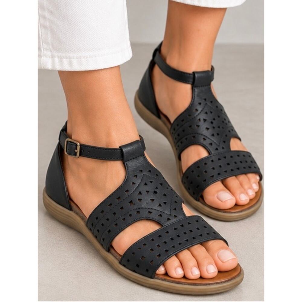 NEW Miz Mooz Corvo Leather Sandals EU 38 US 7.5-8 Black Laser Cut Ankle Strap